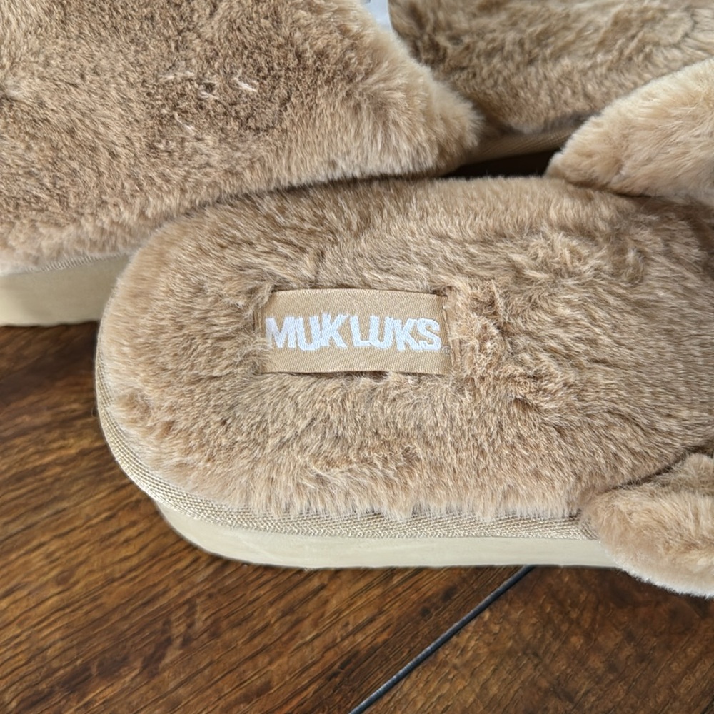 Muk Luks Tan Fuzzy Slippers - Picture 2 of 4